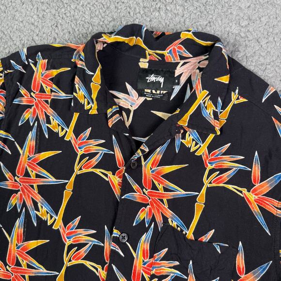 Stussy Shirt Mens Small Black Floral Hawaiian Camp Loop Collar Short Sleeve - Picture 1 of 8